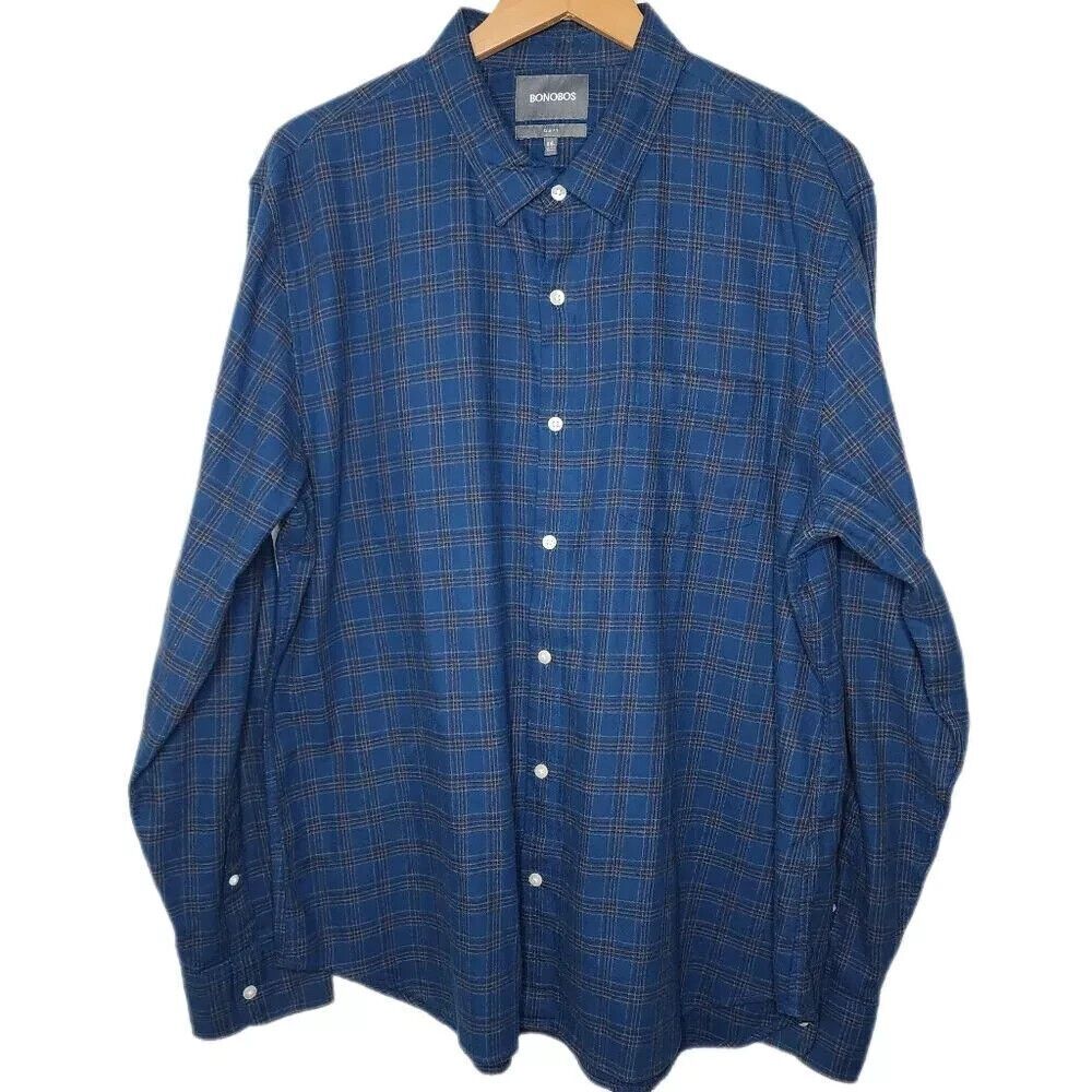 Bonobos Mens XXL Blue & Brown Plaid Long Sleeve Flannel Button Up Shirt - Picture 2 of 5